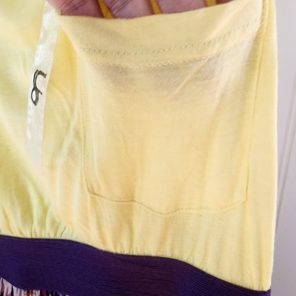 Ya sleeveless yellow top with bold multi colored bottom in a floral pattern. - Picture 5 of 9